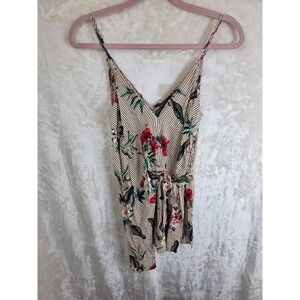 Dress Forum Women‎ Striped Tropical Floral Romper Tan White Red FR2447 Small